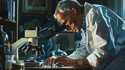 Poster - A scientist is utilizing a microscope for conducting research in a laboratory environment AIG58