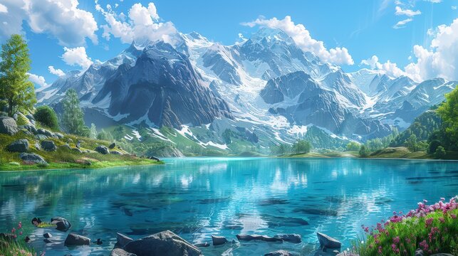 A serene mountain landscape with a clear blue lake, illustration background
