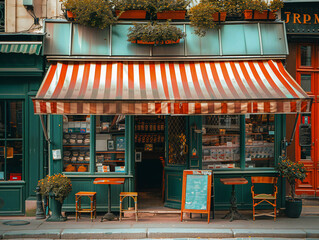 Wall Mural - european shop facade with striped awnings 