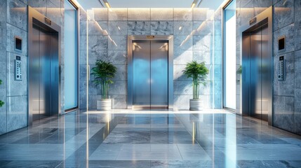 Wall Mural - Open elevator doors in a luxurious office lobby, showcasing the sophisticated design and polished floors.