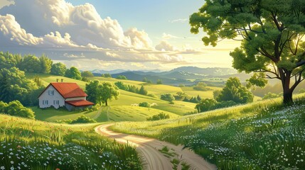 Wall Mural - A serene countryside with rolling hills and a quaint farmhouse, illustration background