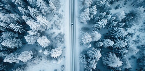 Wall Mural - A winter road in a snow forest from drone top down view.