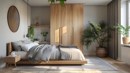 Wall Mural - Spacious modern bedroom featuring minimalist decor with a large bed, gray linen, wooden wardrobe, and green plants adding a natural touch.