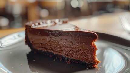 Wall Mural - Slice of chocolate cheesecake on a plate. The cheesecake has a rich, dark chocolate glaze on top and appears to have a dense, creamy chocolate filling