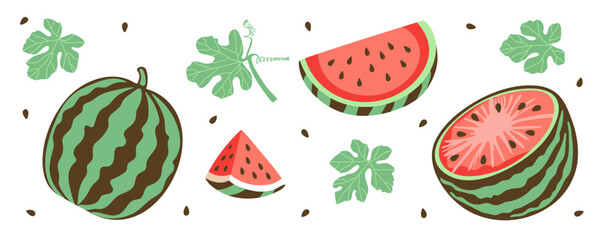 Wall Mural - Watermelon clip art. Whole berry, slice, half, seeds and leaves isolated on white. Colored icon set in simple flat design. Vector illustration.