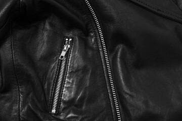 Poster - Texture of black leather jacket with zipper as background, top view