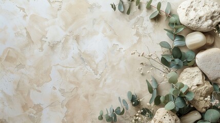 Wall Mural - Natural stone and eucalyptus arrangement on neutral beige backdrop for beauty product presentations Ample space for branding