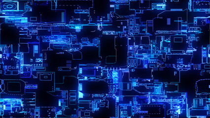 Poster - Printed circuit board. Visualization of advanced technology concept: PCB processor microchip, digitization of neural networks and cloud computing. Digital lines transmit data. Electronic computer