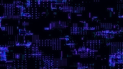 Poster - Printed circuit board. Visualization of advanced technology concept: PCB processor microchip, digitization of neural networks and cloud computing. Digital lines transmit data. Electronic computer