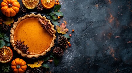 Sticker - thanksgiving celebration with pumpkin pie and fall decor on a festive table, depicted in a banner concept