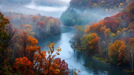 Wall Mural - View of a serene river meandering through a misty landscape with fall colors touching the trees.