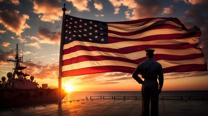 Us naval soldier on warship deck beside american flag in genuine military environment