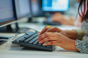 Poster - Hands, woman and typing keyboard in office on computer, 