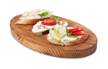 Wall Mural - Delicious bruschettas with fresh ricotta (cream cheese), strawberry, mint and pear isolated on white
