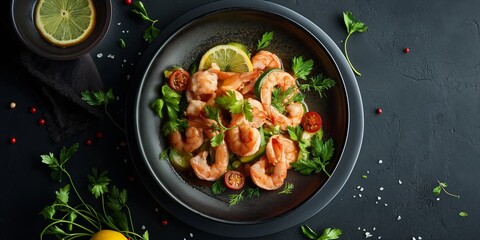 Appetizing shrimp served with lemon slices and garnished with fresh parsley and cherry tomatoes, beautifully presented on a dark plate, perfect for a gourmet meal.