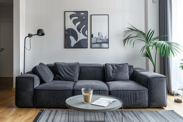 photo of grey sofa and recliner chair with plants in a scandinavian clean and minimalist living room apartment and design interior furniture