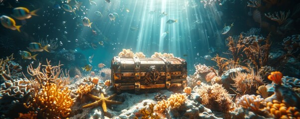 A treasure chest in the sea surrounded by coral and starfish under sunlight