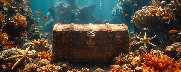 A treasure chest in the sea surrounded by coral and starfish under sunlight