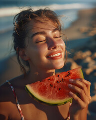 Woman enjoying slice of watermelon on sunny day, with her eyes closed smile on her face