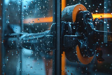 Poster - Close-up shot of a rainy window with water droplets and blurred background