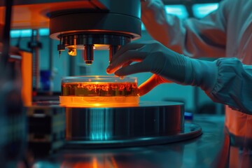 Poster - A scientist examining a sample under a microscope