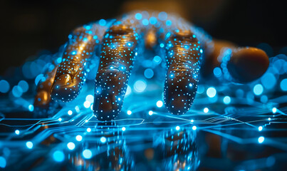Poster - futuristic cyber security concept: hand interacting with digital interface at night, depicting advan