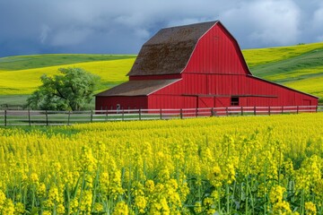 Aufkleber - A classic rural scene with a red barn surrounded by a vibrant yellow flowers field