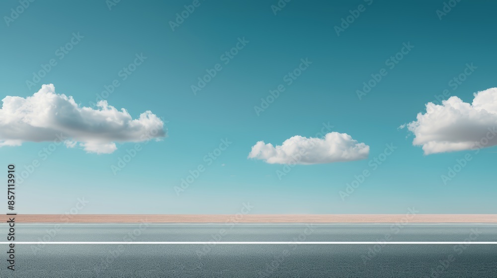 Long, empty highway vanishing into the horizon under a vibrant blue sky ...