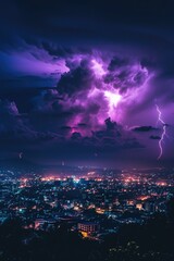 Aufkleber - A dramatic weather scene with a purple and black lightning storm over a city