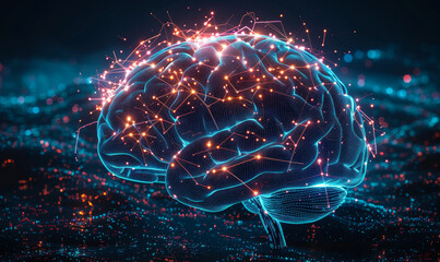 Poster - Futuristic Digital Illustration of Advanced Smart Brain Technology with Neural Networks and Data Connections in a Sci-Fi Night Setting