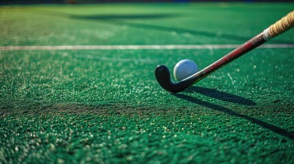 Poster - A close-up shot of a hockey stick and ball on a grassy field, ideal for sports or outdoor-themed designs