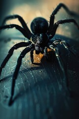 Poster - A spider sits comfortably on top of a wooden table