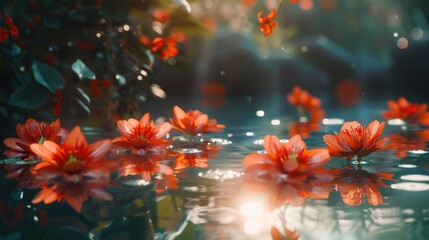 Wall Mural - A close-up view of red flowers floating on the surface of a calm body of water, great for using as a peaceful background or adding a pop of color to your design