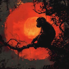 Playful monkey, sunset silhouette background.