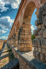 Poster - A stone wall with arches and a bright blue sky in the background, suitable for use as a decorative element or to illustrate a theme of architecture or nature