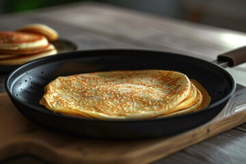 Freshly cooked pancakes on a wooden cutting board, ready for serving