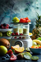 Poster - A colorful stack of fresh fruit sits atop a wooden table, perfect for decoration or photography