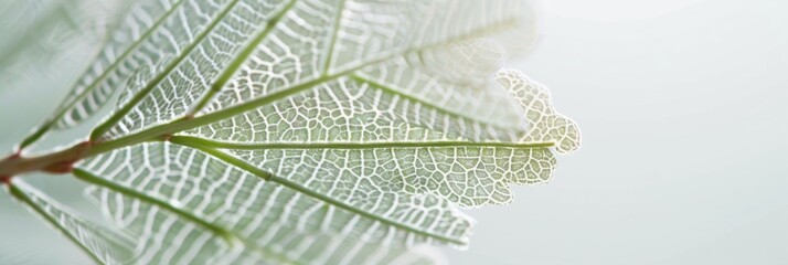 Poster - Detailed Macro Shot of a Delicate Skeleton Leaf Highlighting Its Intricate Structure Against a Soft Light Background