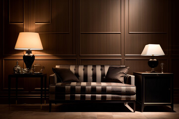 modern striped sofa in a dark room with two lamps