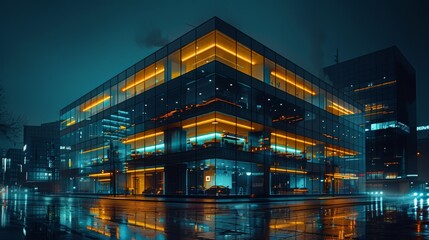 Modern Glass Building Illuminated at Night