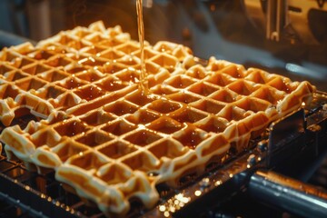 Canvas Print - A delicious waffle being topped with sweet syrup