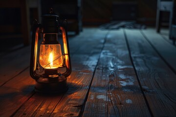 Canvas Print - A lit lantern sitting on a wooden table with a warm glow