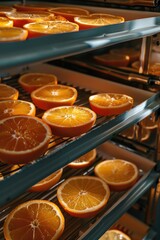Poster - A selection of fresh oranges arranged on a wooden rack for display or transportation
