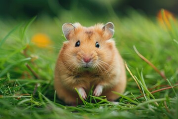 Poster - A hamster sits in the grass, looking directly at the camera