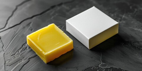 Poster - A piece of cheese sits next to a cube of butter on a surface