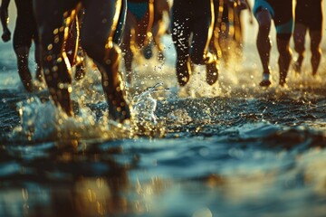 Poster - A group of people running through the water, great for use in fitness or outdoor adventure scenes