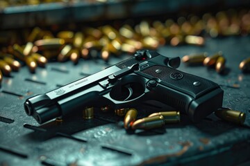 Poster - A handgun placed on a surface with spent cartridge casings nearby, suitable for use in crime scene or investigative images