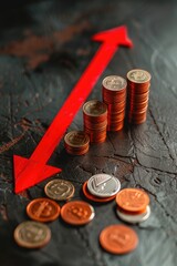 Aufkleber - A pile of coins lies next to a bright red arrow, perfect for financial or motivational uses
