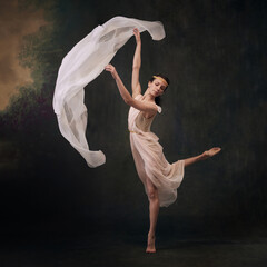 Graceful Elegance. Beautiful dancer in flowing white gown, captured mid-leap against vintage studio background. Concept of ballet, history and classic, fusion of modernity and ancient times in art.