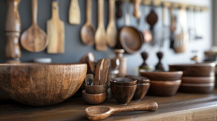 Poster - A collection of wooden bowls and spoons placed on a table, ideal for rustic or country-themed settings